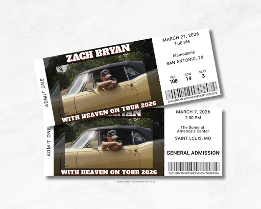 Zach Bryan Concert Tour Custom Ticket